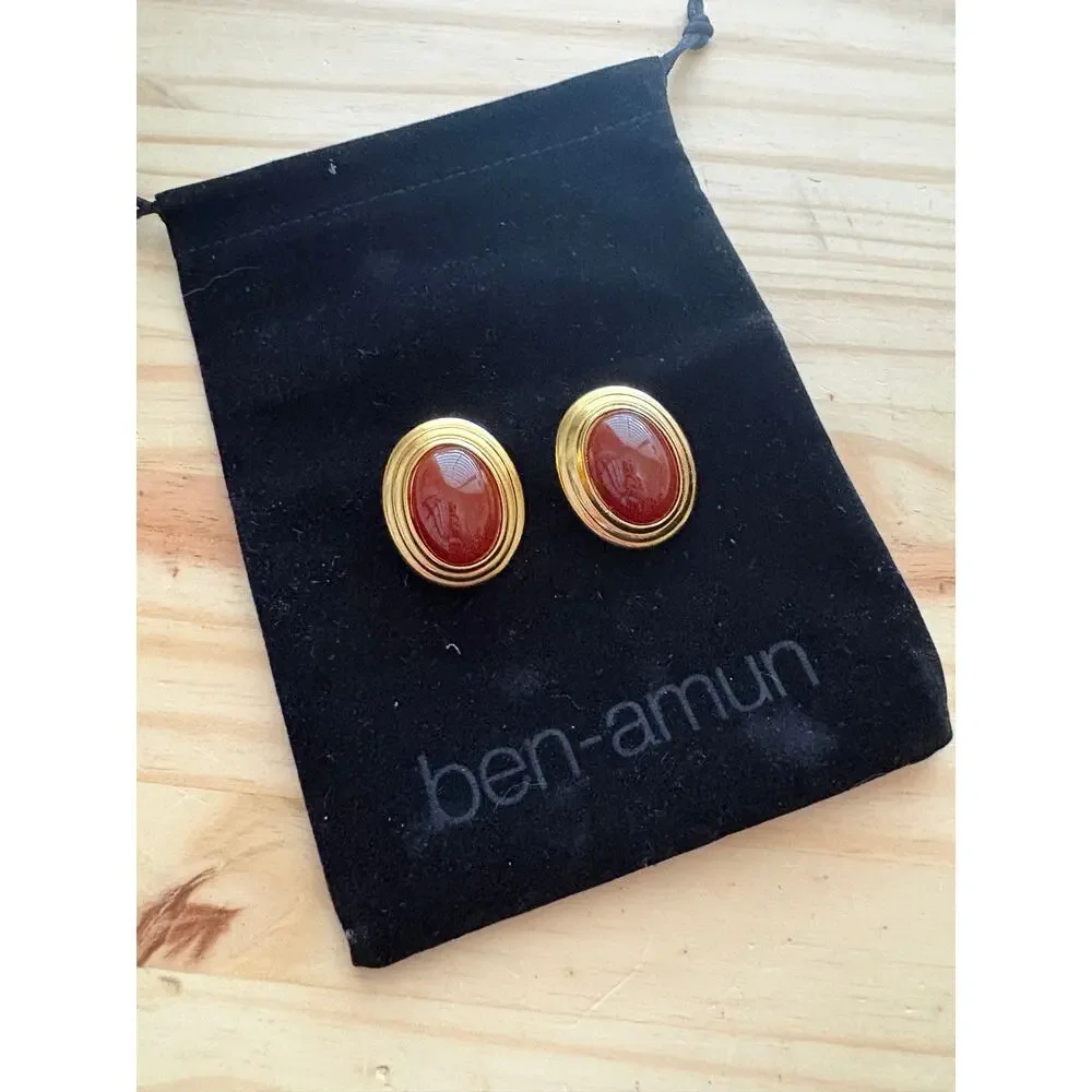 Ben Amun Vega Burgundy Earrings 24K Gold Plated Clip On Stud Lightweight